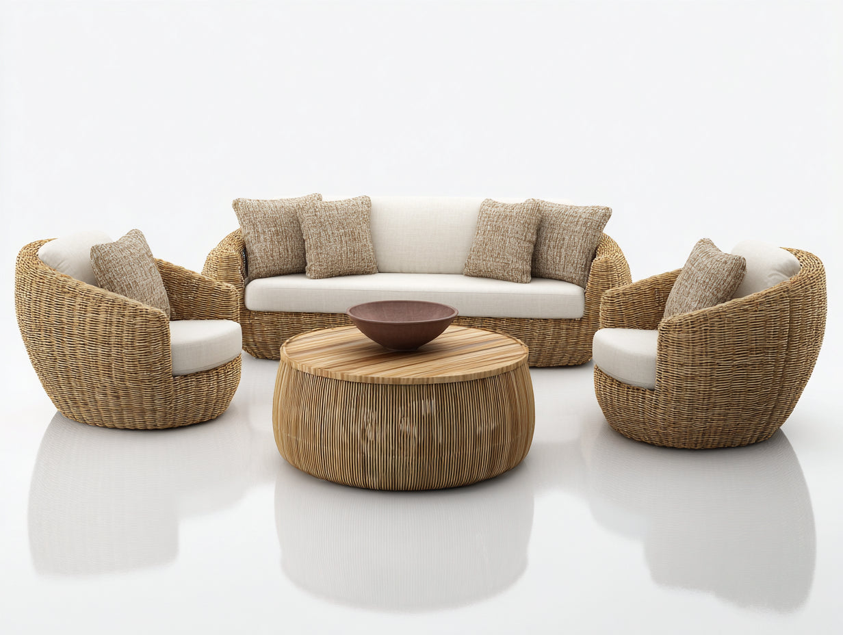 Gartensofa - 4-teiliges Lounge-Set aus Rattangeflecht - Sofa 195 x 82 x 80 cm - Natur und Cremeweiß - 5 Sitzplätze mit rundem Couchtisch - Organisches Design