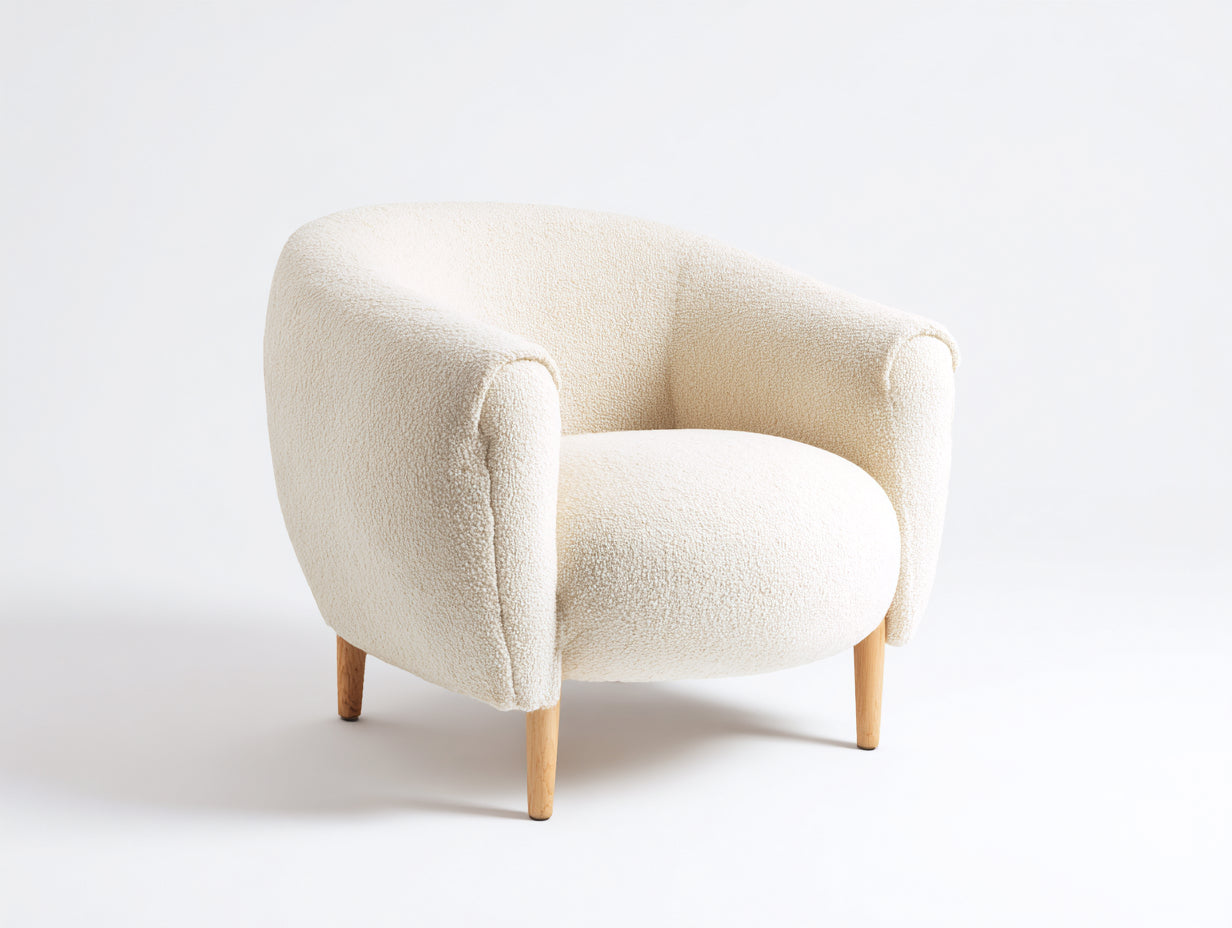 Sessel aus Bouclé-Stoff 84 x 78 x 76 cm - Cremeweiß - organische Schalenform mit Holzfüßen
