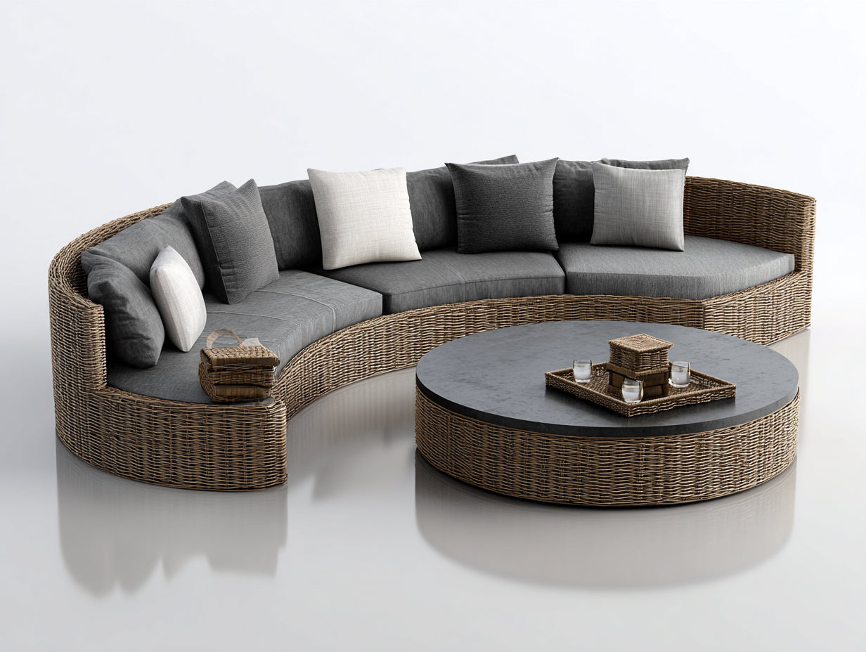 Gartensofa aus Polyrattan 360 x 220 x 78 cm - Braun und Dunkelgrau - Großes geschwungenes Lounge-Set mit rundem Couchtisch