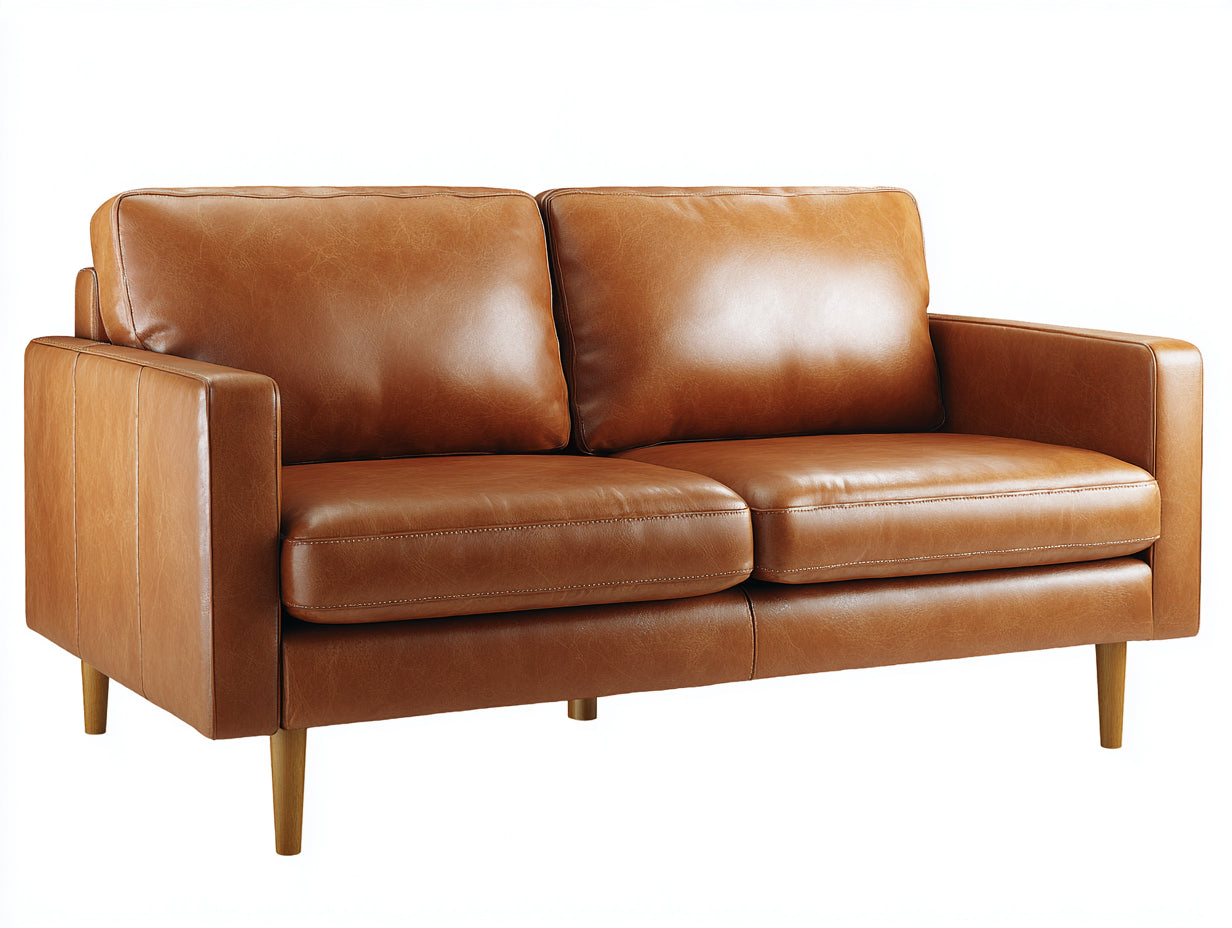 Zweisitzer Sofa aus Kunstleder 178 x 88 x 86 cm - Cognacbraun - geradliniges Retro-Design mit Holzfüßen