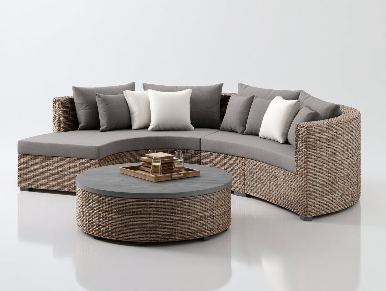 Gartensofa - Geschwungenes Lounge-Sofa aus Polyrattan mit rundem Couchtisch - 310 x 230 x 82 cm - Natur und Grau - 5 Sitzplätze - Modernes Design