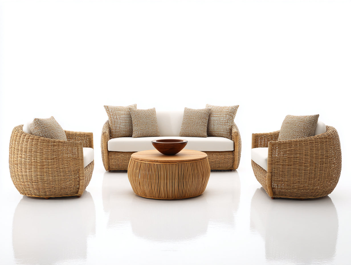 Gartensofa Set aus Rattangeflecht und Holz 165 x 78 x 78 cm - Naturbraun und Cremeweiß - Zweisitzer mit 2 Sesseln und Rundtisch