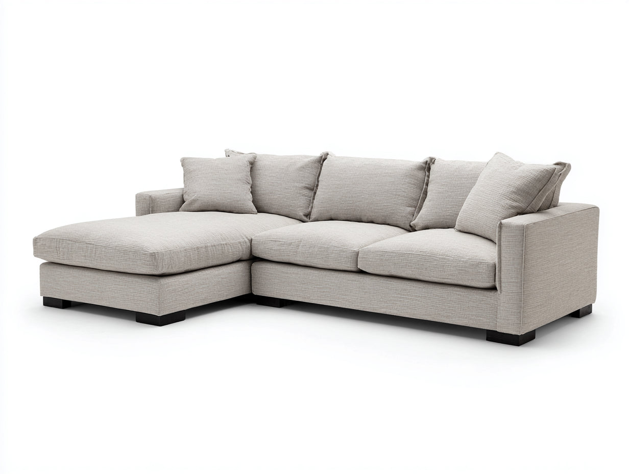 Ecksofa aus strukturiertem Webstoff 285 x 175 x 85 cm - Hellbeige - Modernes Wohnzimmersofa mit Ottomane und dunklen Blockfüßen
