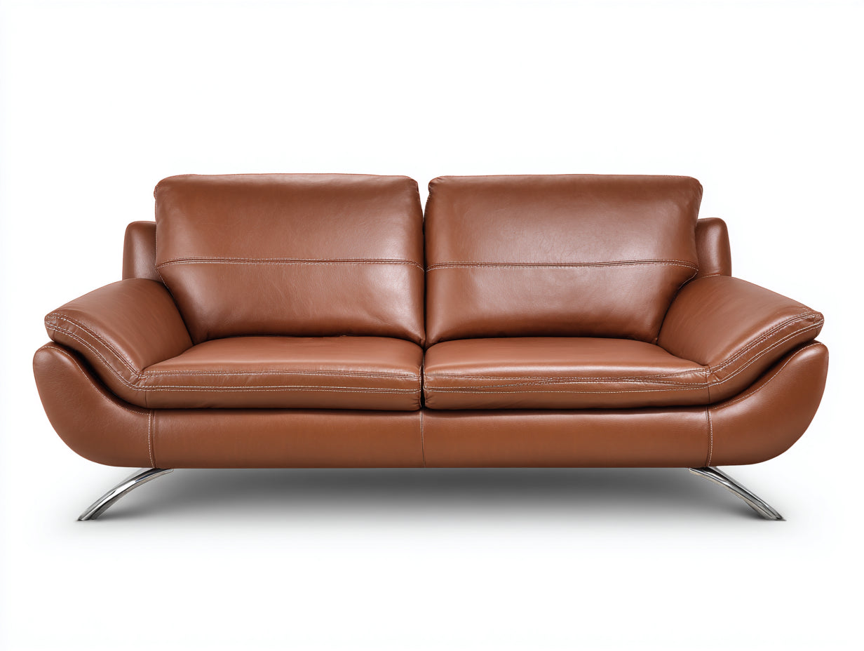 Zweisitzer Sofa mit lederähnlichem Bezug 198 x 95 x 88 cm - Cognacbraun - Modernes Design mit gepolsterten Armlehnen und Metallfüßen