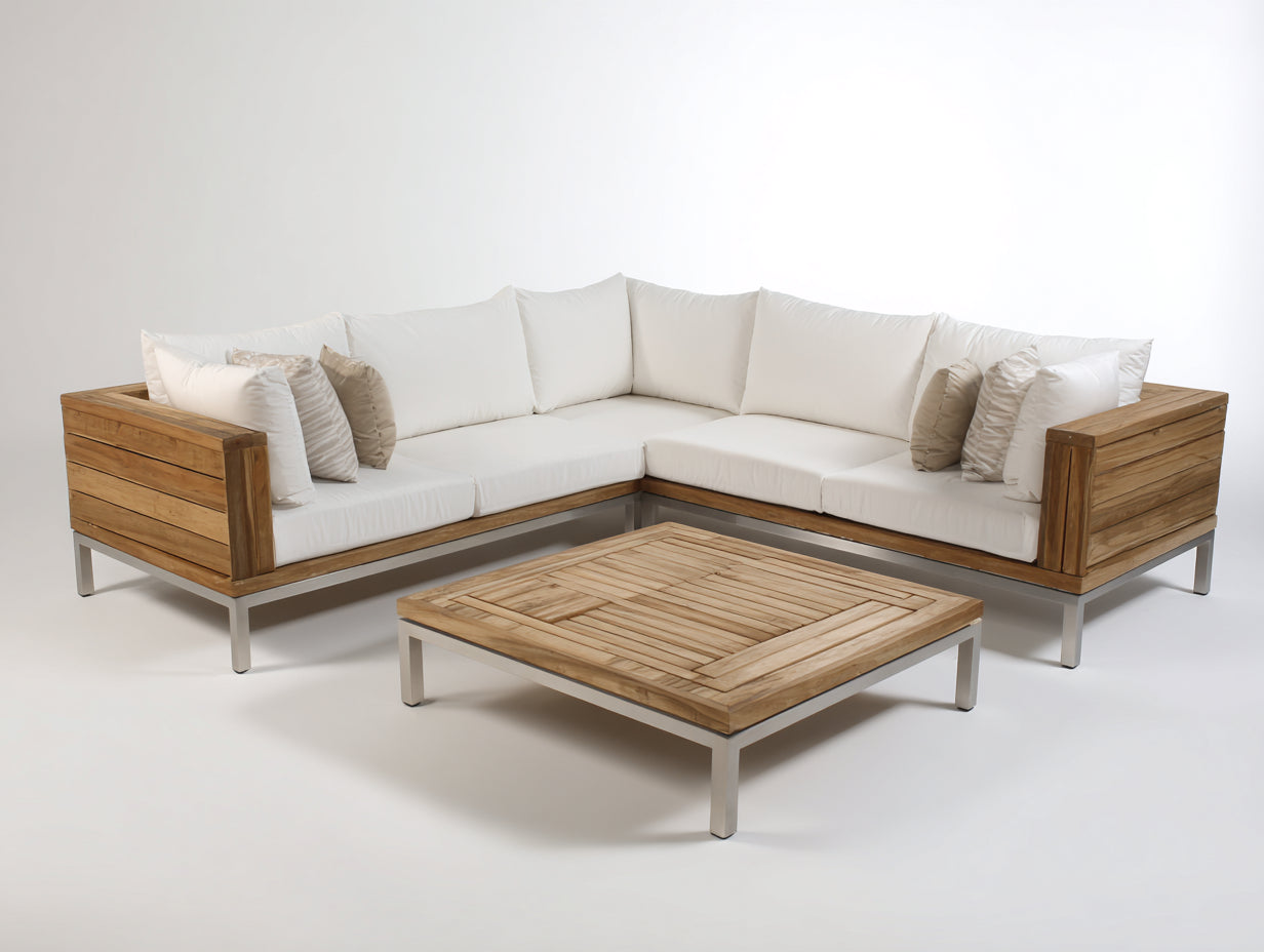 Gartensofa-Set aus Holz und Metall 280 x 280 x 78 cm - Naturbraun und Cremeweiß - Eckform mit Couchtisch