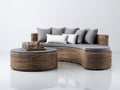 Gartensofa Set aus Polyrattan und Glas 230 x 145 x 78 cm - Naturbraun Grau und Anthrazit - Gebogene Sitzform mit rundem Gartentisch