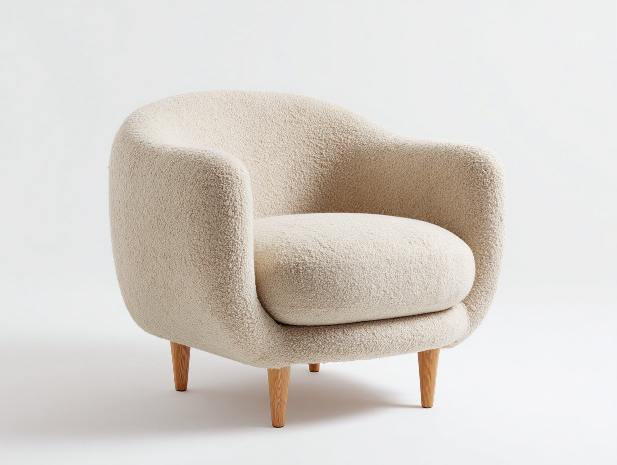 Sessel aus Boucléstoff 84 x 80 x 78 cm - Cremeweiß - Abgerundetes modernes Design mit Holzfüßen